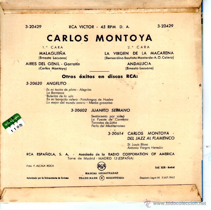Discos de vinilo: CARLOS MONTOYA. MALAGUE&Ntilde;A, - Foto 2