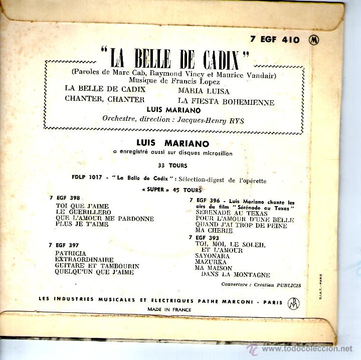 Discos de vinilo: LUIS MARIANO LA BELLE DE CADIX - Foto 2