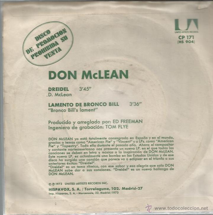 Discos de vinilo: SG PROMO DON MCLEAN : DREIDEL - Foto 2