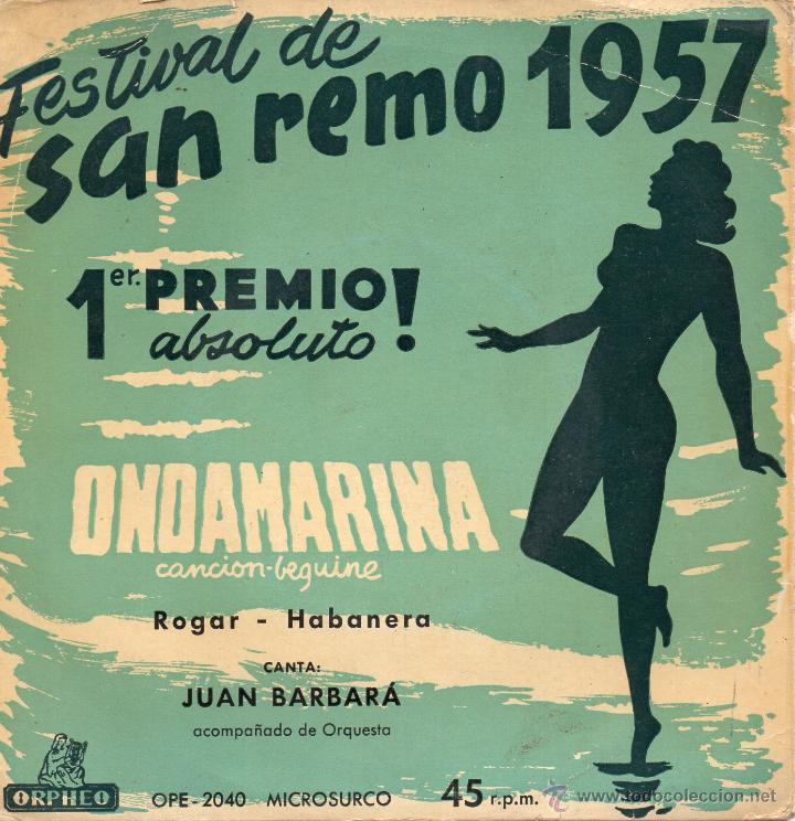JUAN BARBARÁ - FESTIVAL DE SAN REMO 1957 -, EP, ONDAMARINA + 1, AÑO 1957 (Música - Discos de Vinilo - EPs - Otros Festivales de la Canción)