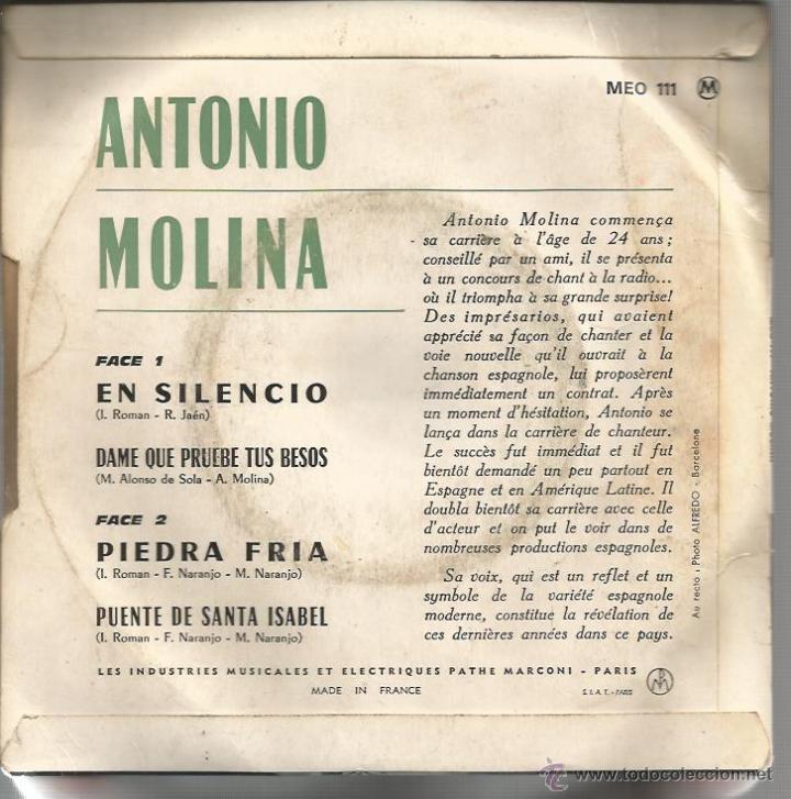 Discos de vinilo: EP ANTONIO MOLINA : EN SILENCIO + 3 ( EDICION FRANCESA ) - Foto 2
