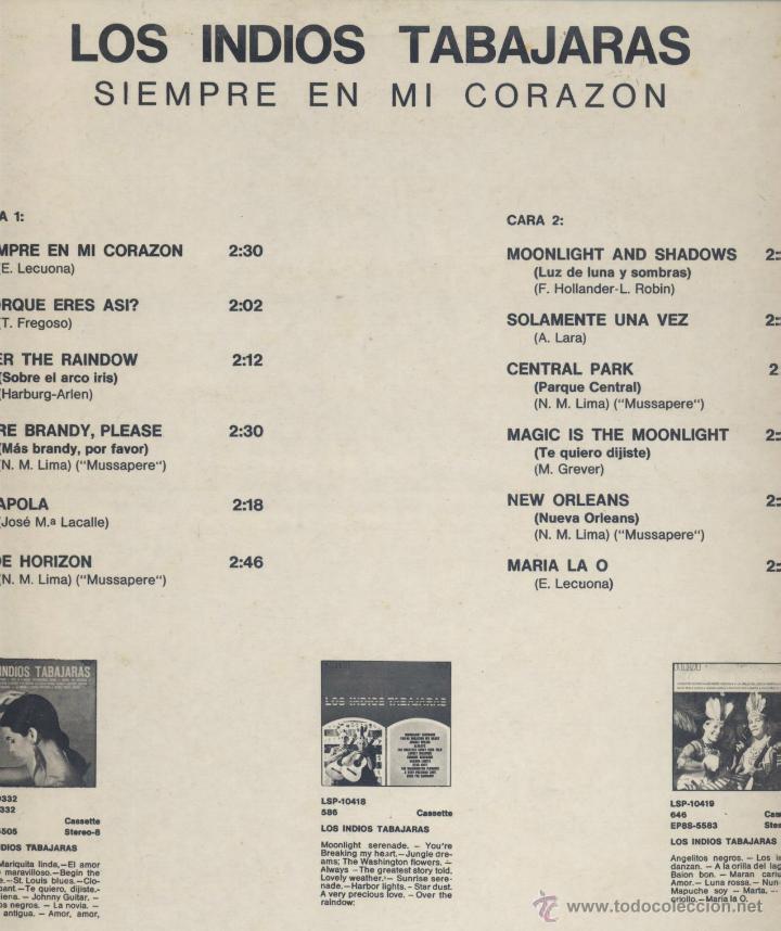 Discos de vinilo: LOS INDIOS TABAJARAS- SIEMPRE EN MI CORAZON - Foto 2