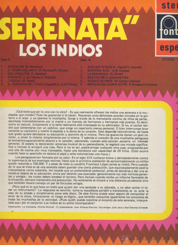 Discos de vinilo: FOLKLORE SUDAMERICANO-SERENATA LOS INDIOS PARAGUAY - Foto 2