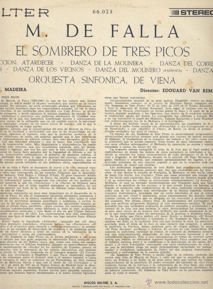 Discos de vinilo: MANUEL DE FALLA- EL SOMBRERO DE TRES PICOS - Foto 2