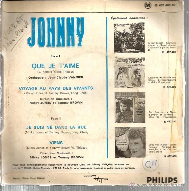 Discos de vinilo: EP JOHNNY HALLYDAY : QUE JE T&acute;AIME + 3 - Foto 2
