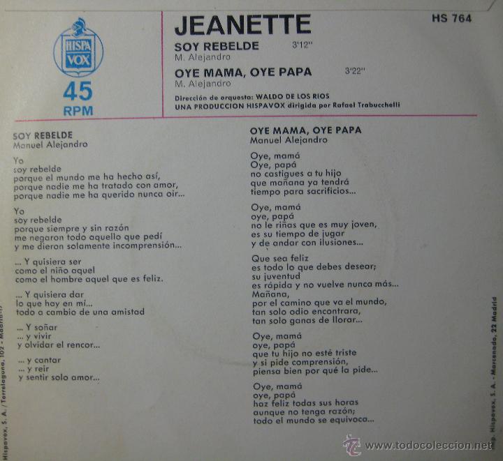Discos de vinilo: JEANETTE. SOY REBELDE. HISPAVOX 1971 - Foto 2