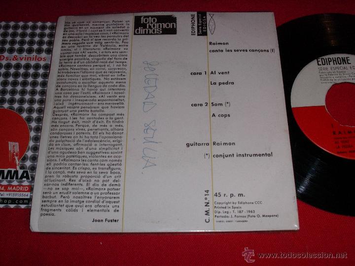 Discos de vinilo: raimon   al vent  la pedra  som  a cops    EDIPHONE  1962   ep - Foto 2