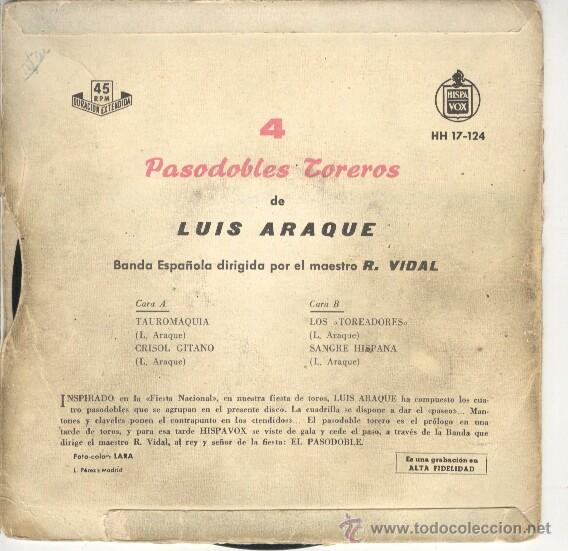 Discos de vinilo: 4 PASODOBLES TOREROS DE LUIS ARAQUE EP HISPAVOX 1966 - Foto 2