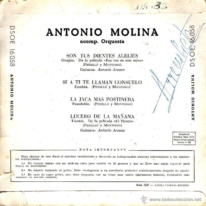Discos de vinilo: ANTONIO MOLINA - SON TUS DIENTES ALELIES - Foto 2