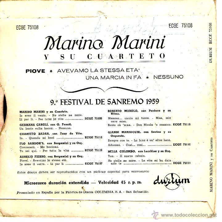 Discos de vinilo: MARINO MARINI SANREMO 1959 - Foto 2