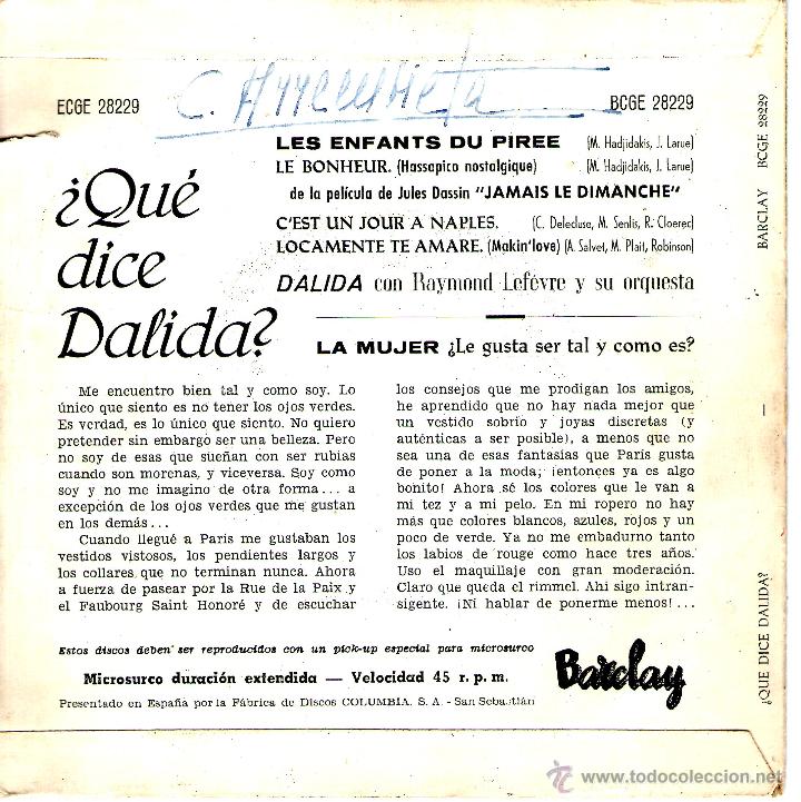 Discos de vinilo: DALIDA: LES ENFANTS DU PIREE + 3 - Foto 2