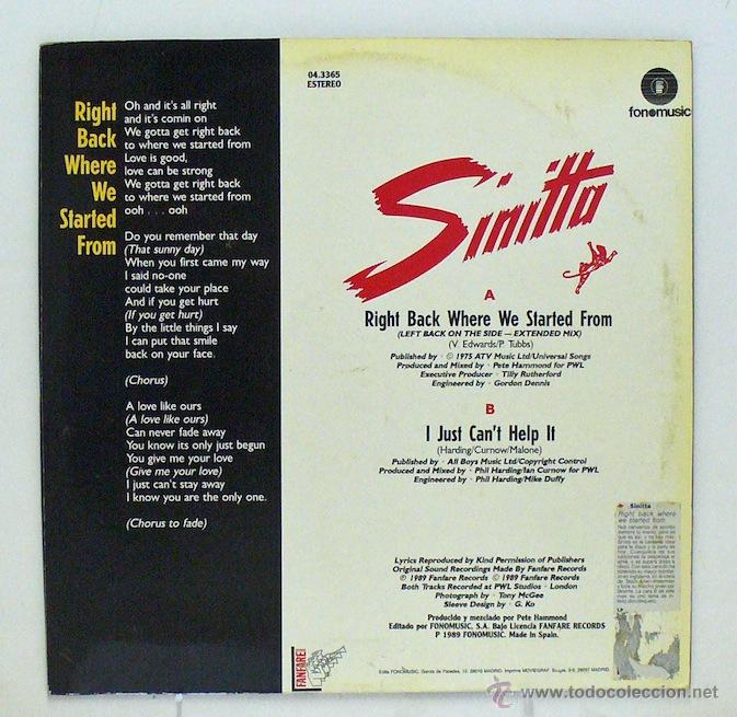 Discos de vinilo: Sinitta - Right Back We Where Be Started From (Maxi SIngle Vinilo) - Foto 2