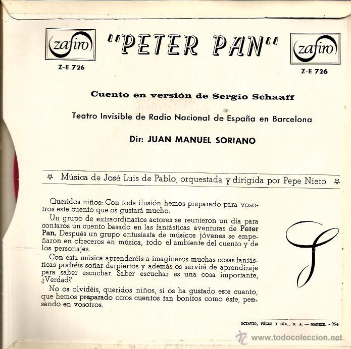 Discos de vinilo: SG TEATRO INVISIBLE DE RNE: PETER PAN ( MUSICA DE LUIS DE PABLO Y ARREGLOS DE PEPE NIETO ) - Foto 2 - 46502528