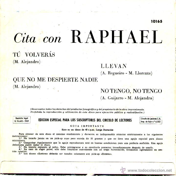 Discos de vinilo: RAPHAEL Cita con Raphael - Tu volveras - Foto 2