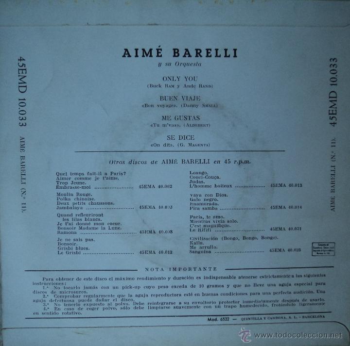 Discos de vinilo: Aim&eacute; Barelli - Only you - Edici&oacute;n de 1958 de Espa&ntilde;a - Foto 2