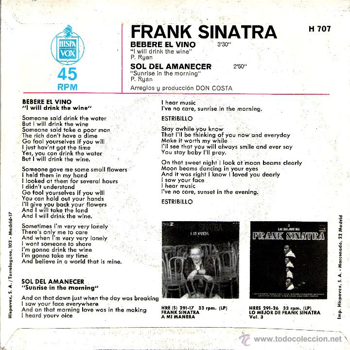 Discos de vinilo: FRANK SINATRA  - BEBERE EL VINO - Foto 2