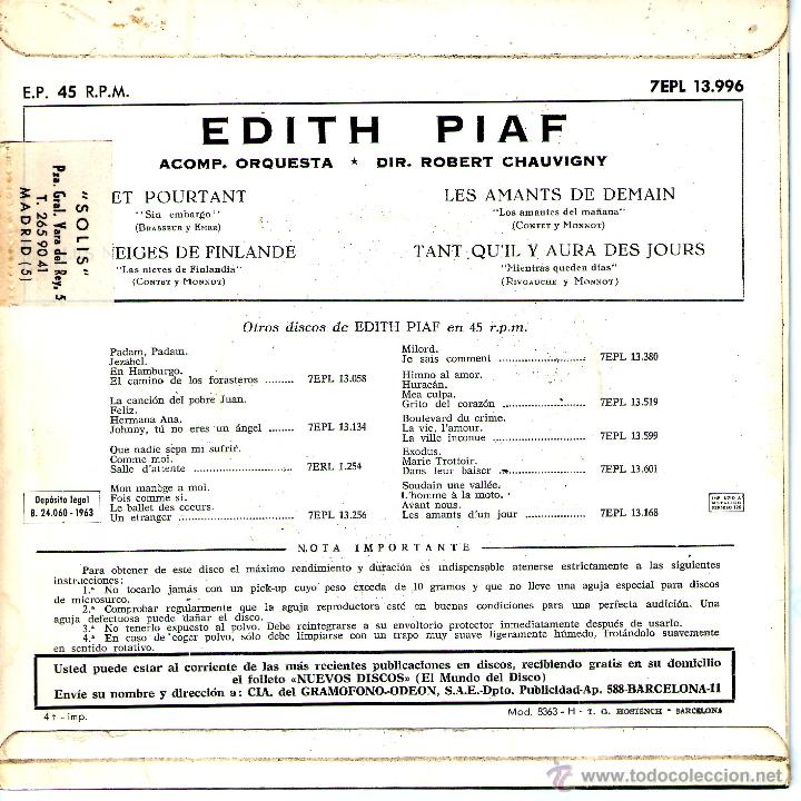 Discos de vinilo: EP DE EDITH PIAF - ET POURTANT+3 - Foto 2