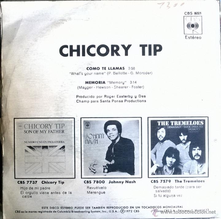 Discos de vinilo: Chicory Tip. What&rsquo;s your name?/ Memory. CBS, Esp. 1972 single (como te llamas) - Foto 2