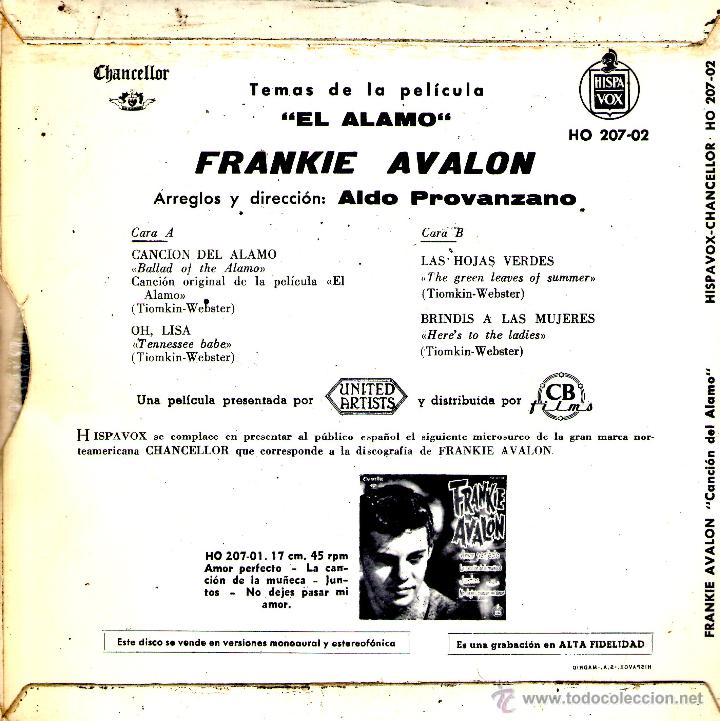 Discos de vinilo: FRANKIE AVALON - CANCION DEL ALAMO - Foto 2