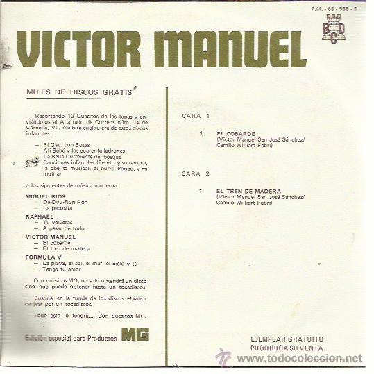 Discos de vinilo: VICTOR MANUEL Sg BCD 1970 el cobarde / el tren de madera - Foto 2