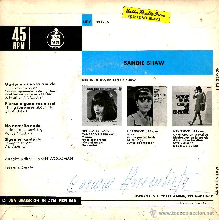 Discos de vinilo: SANDIE SHAW - EUROVISION67 - Foto 2