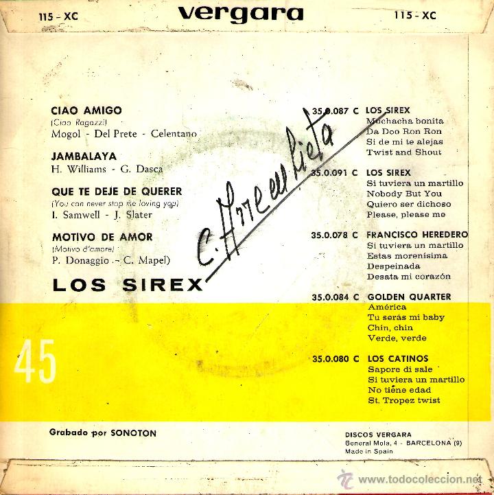 Discos de vinilo: LOS SIREX - CIAO AMIGO - Foto 2