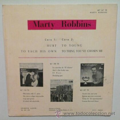 Discos de vinilo: MARTY ROBBINS -EP- HURT + 3 OR SPAIN 1961 - Foto 2