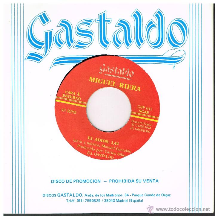 Discos de vinilo: Miguel Riera - El adios - Single 1994 - Promo - Foto 1