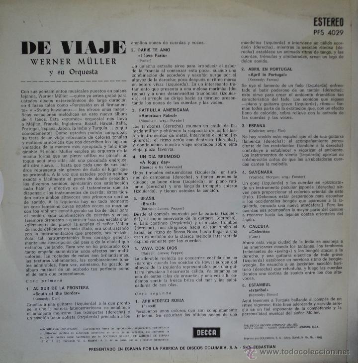 Discos de vinilo: Werner M&uuml;ller - De Viaje - Edici&oacute;n de 1964 de Espa&ntilde;a - Foto 2