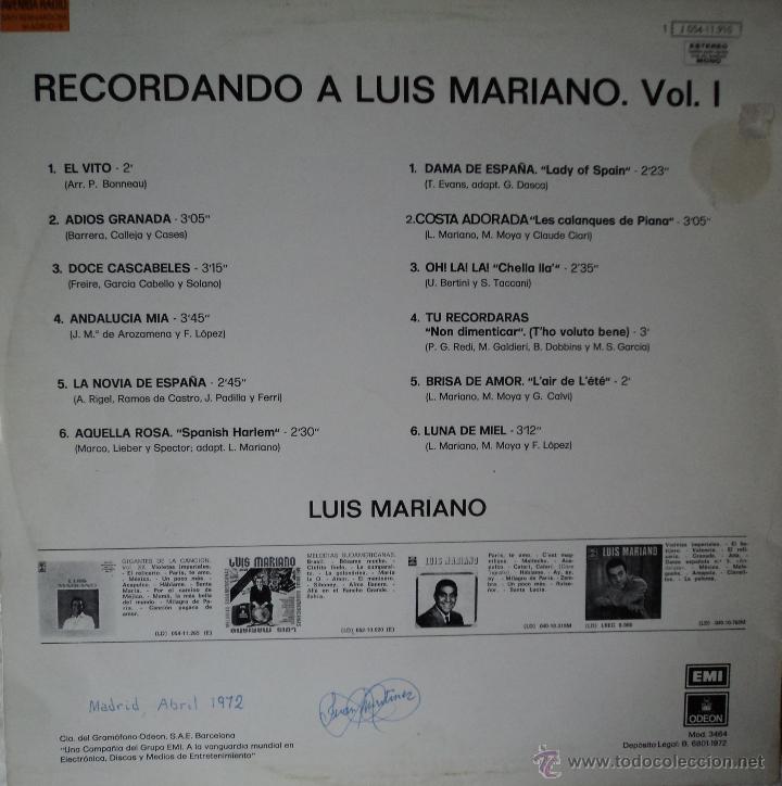 Discos de vinilo: Luis Mariano - Recordando a... - Edici&oacute;n de 1972 de Espa&ntilde;a - Foto 2
