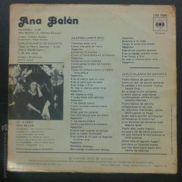 Discos de vinilo: SINGLE ANA BEL&Eacute;N - AGAPIMU - CBS 1979. - Foto 2