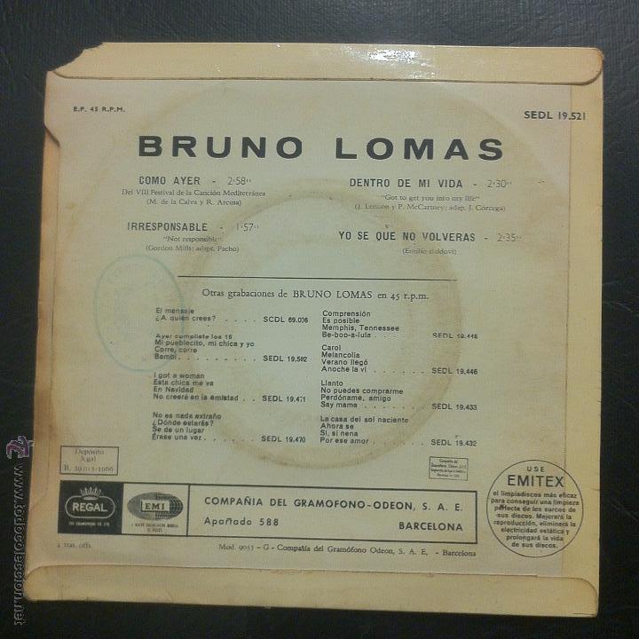 Discos de vinilo: SINGLE BRUNO LOMAS - COMO AYER - REGAL 1966. - Foto 2