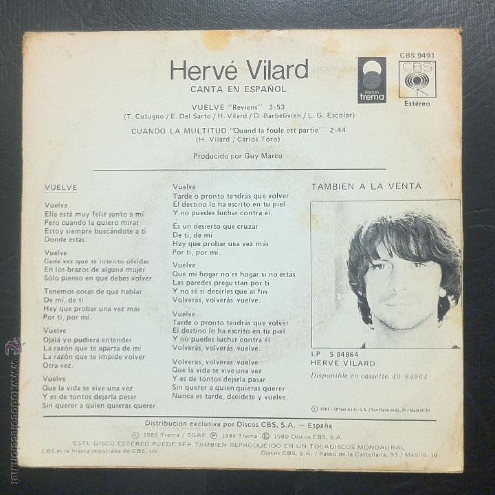 Discos de vinilo: SINGLE HERVE VILARD - VUELVE - CBS 1980. - Foto 2