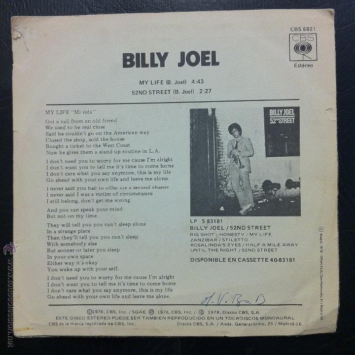 Discos de vinilo: SINGLE BILLY JOEL - MY LIFE - CBS 1978. - Foto 2