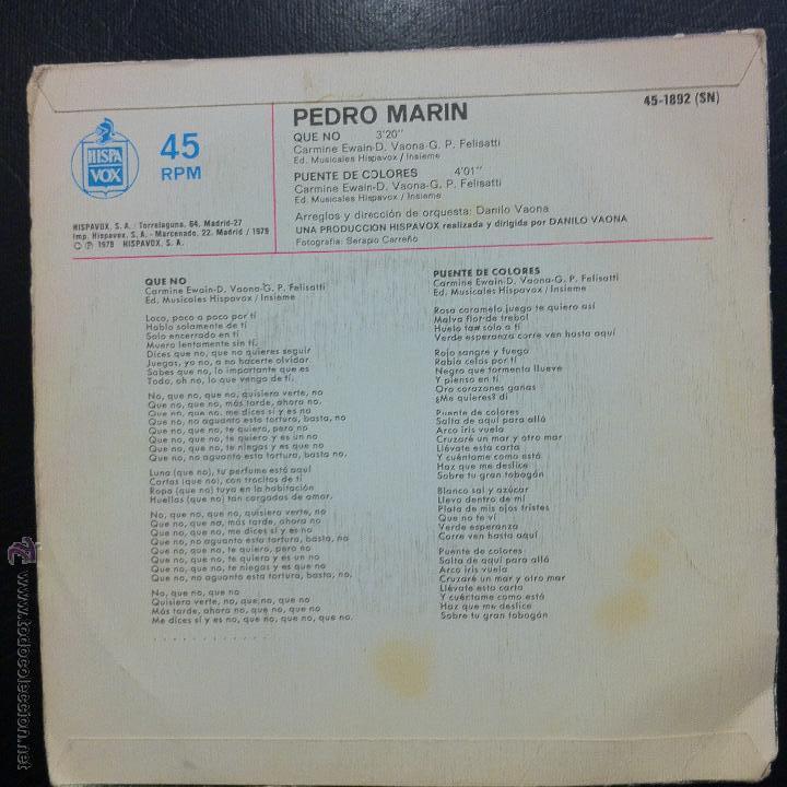 Discos de vinilo: SINGLE PEDRO MAR&Iacute;N - QUE NO - HISPAVOX 1979. - Foto 2