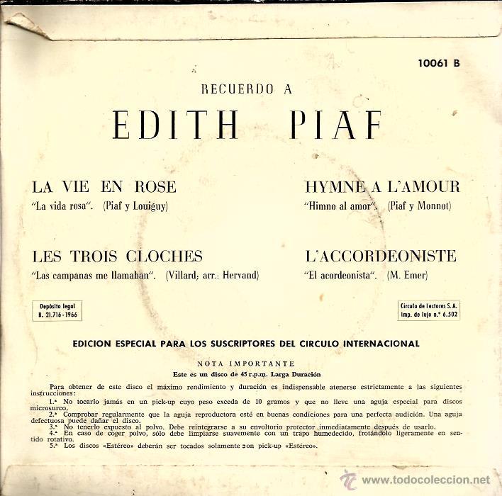 Discos de vinilo: EP EDITH PIAF : LA VIE EN ROSE + 3 - Foto 2