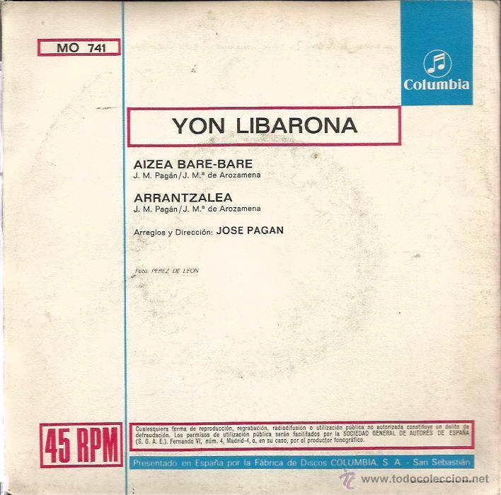 Discos de vinilo: SG YON LIBARONA : AIZEA BARE-BARE + ARRANTZALEA ( ARREGOS JOSE MARIA PAGAN ) - Foto 2