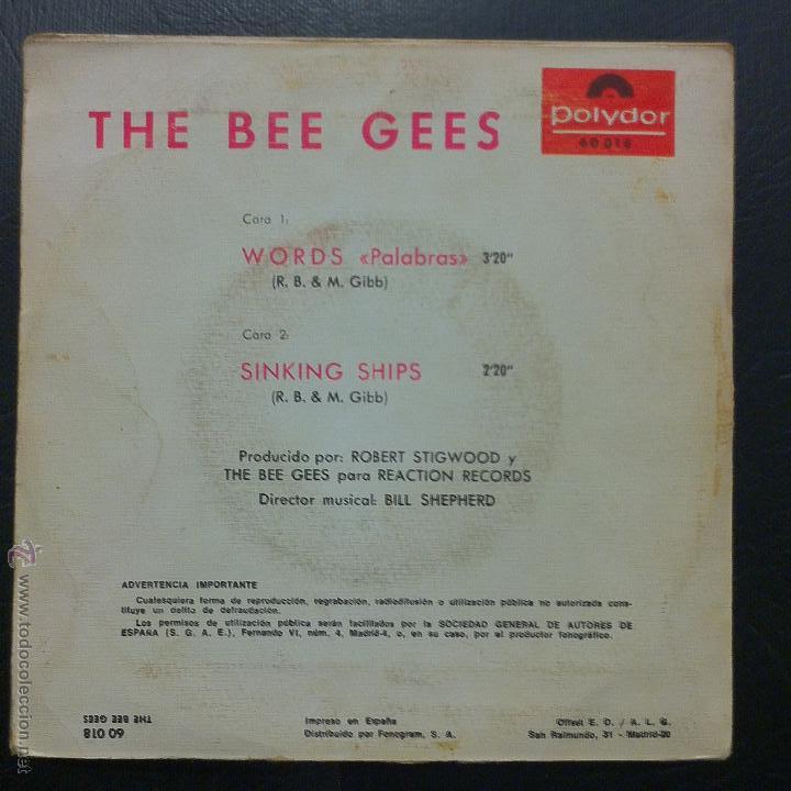 Discos de vinilo: SINGLE THE BEE GEES - WORDS - POLYDOR 1968. - Foto 2