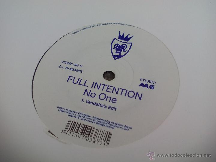 Discos de vinilo: Full intention. No one. original mix - vendettas edit. Maxi, vinilo - Foto 2