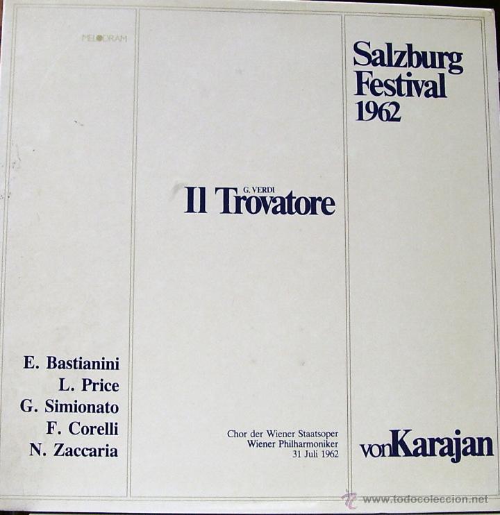 Discos de vinilo: VERDI-IL TROVATORE (SALZBUR FESTIVAL 1962) VON KARAJAN 3 LP&acute;S EN CAJA + LIBRETOS (ITALY)
