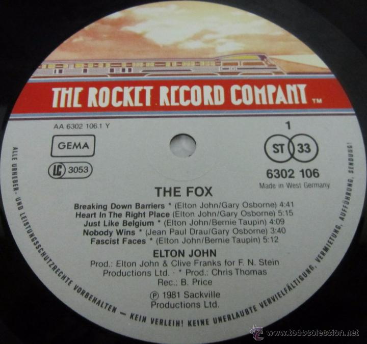 Discos de vinilo: ELTON JOHN - THE FOX - LP - ROCKET 1981 GERMANY - N MINT - Foto 2