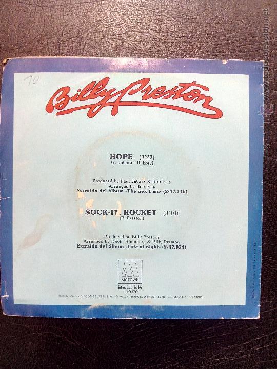 Discos de vinilo: SINGLE BILLY PRESTON - HOPE - SOCK-IT, ROCKET - MOTOWN 1981. - Foto 2