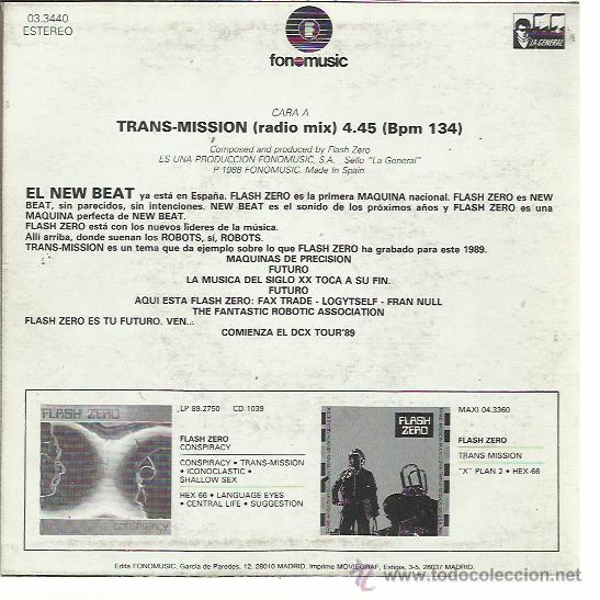 Discos de vinilo: FLASH ZERO Sg LA GENERAL 1989 trans mission (bpm 134) NEW BEAT TECHNO - Foto 2