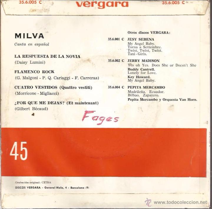 Discos de vinilo: EP MILVA CANTA EN ESPA&Ntilde;OL - Foto 2