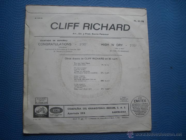 Discos de vinilo: CLIFF RICHARD CONGRATULATIONS single spain 1968   PDELUXE - Foto 2