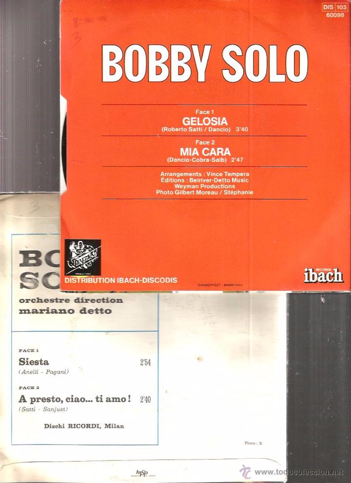 Discos de vinilo: 2 SINGLES DE BOBBY SOLO : GELOSIA + SIESTA - Foto 2