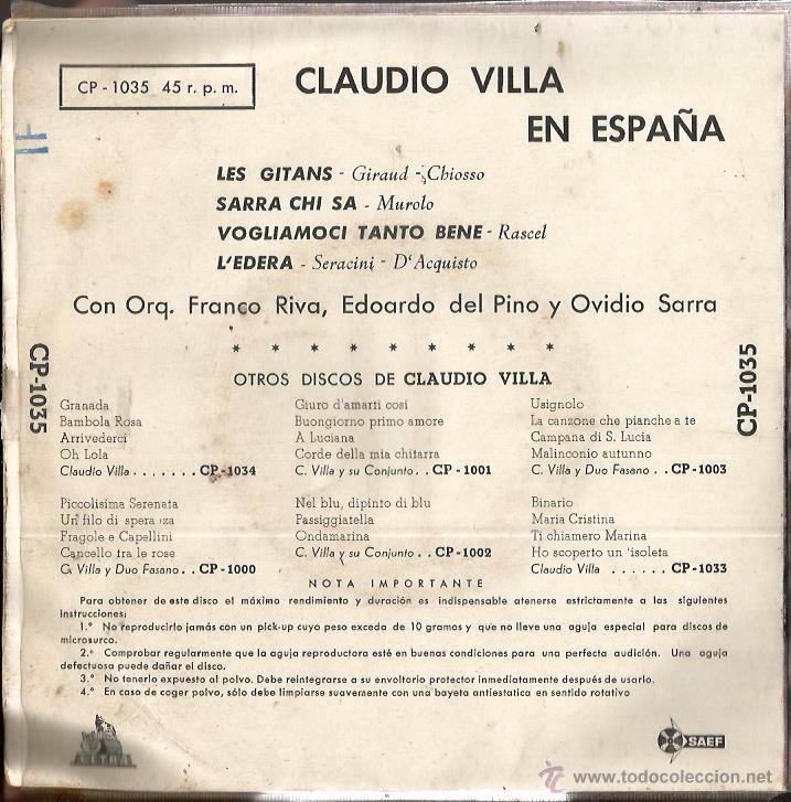 Discos de vinilo: EP CLAUDIO VILLA ( EN ESPA&Ntilde;A ) : LES GITANS - Foto 2