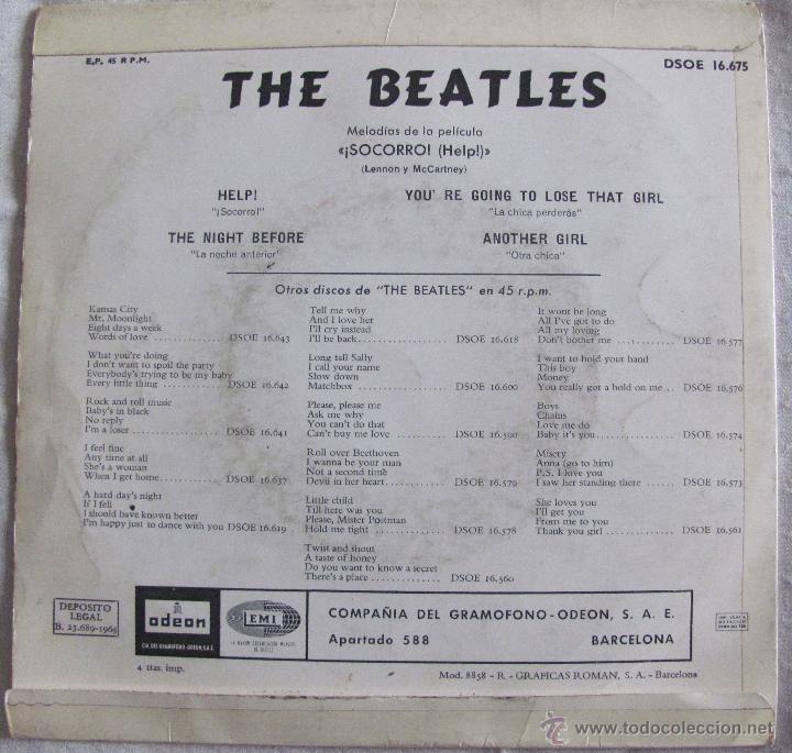 Discos de vinilo: THE BEATLES - HELP + 3 - EP ODEON ESPA&Ntilde;OL 1965 - Foto 2