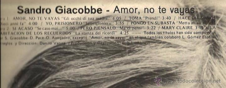 Discos de vinilo: LP SANDRO GIACOBBE : AMOR NO TE VAYAS - Foto 2