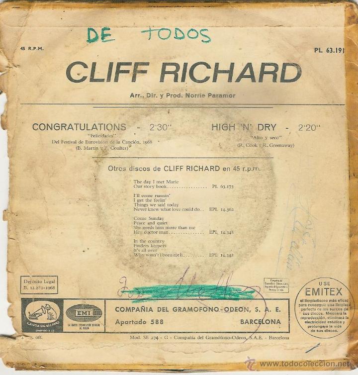 Discos de vinilo: cliff richard congratulations -eurovision 1968 - single - Foto 2